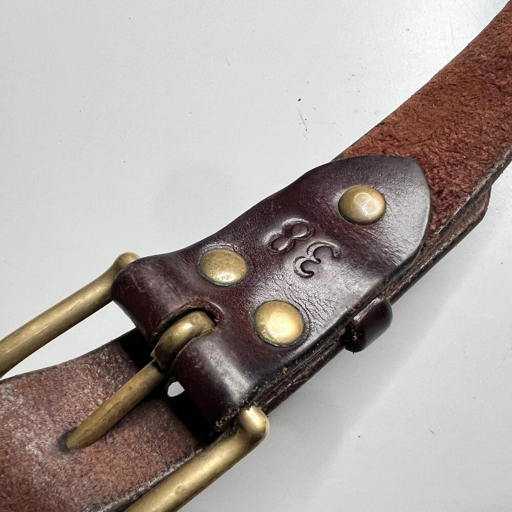 Leather Belt Mens 38 Brown Brass Buckle Work Casual Adjustable Solid Classic - Picture 5 of 6